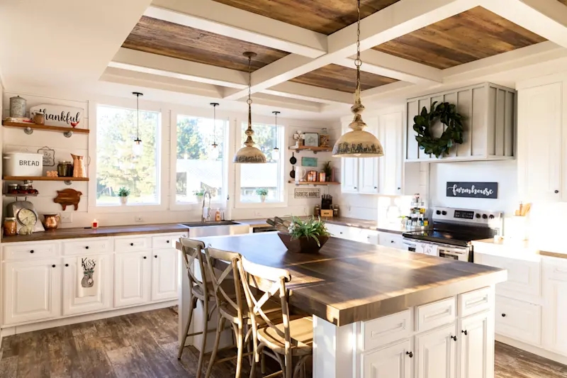 Island Kitchen: Wood Paneled Ceiling Farmhouse Style