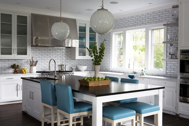Island Table Combo With Globe Lattice Pendants & Teal Stools