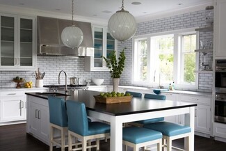 Island Table Combo With Globe Lattice Pendants & Teal Stools