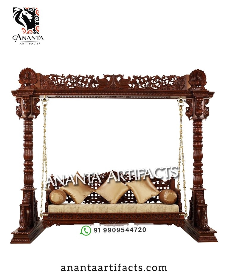 Jhula With Peacock Motifs and Handcrafted Wooden Frame
