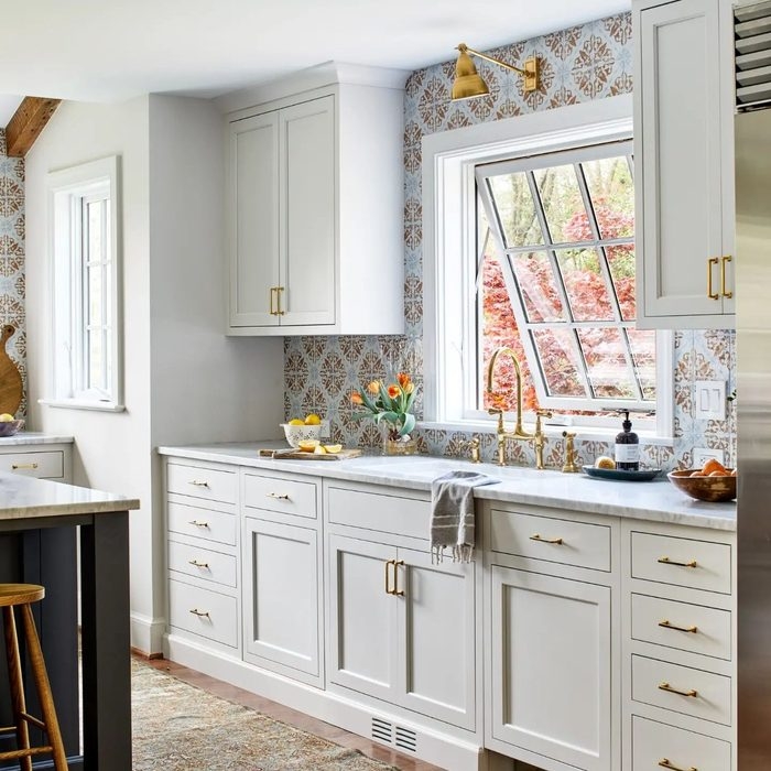 Kitchen Backsplash Brass Bridge Faucet and Transitional Backsplash