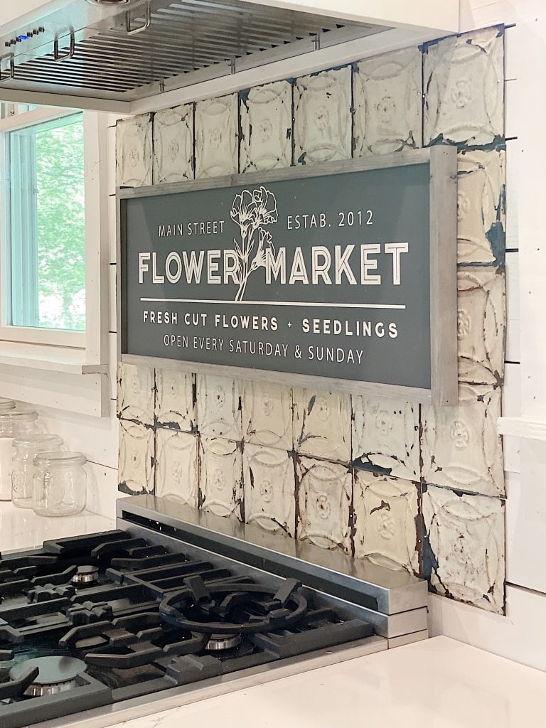 Kitchen Backsplash Distressed Tin and Flower Market Sign Styling