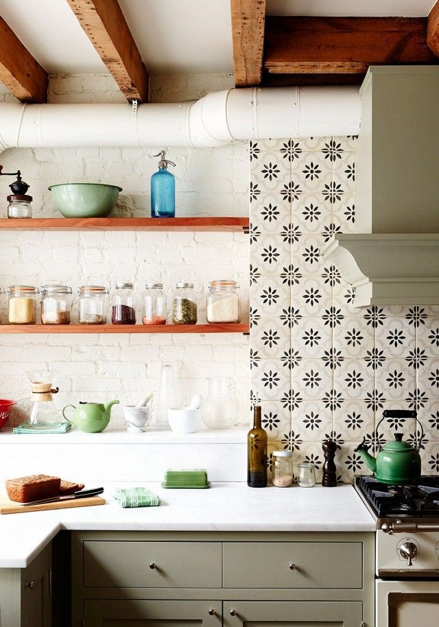 Kitchen Backsplash Floral Motif Tile and Rustic Wood Ceiling Beams