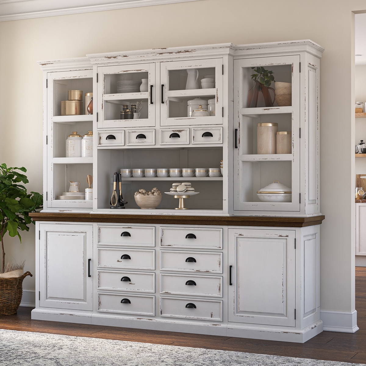 Kitchen Buffet Hutch: Apothecary Drawer Wood Top Farmhouse Hutch