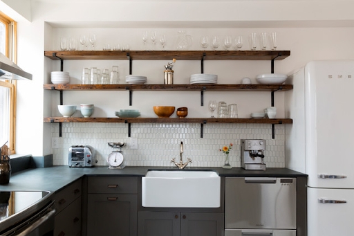 Kitchen Cabinetry: Charcoal Base with Wood Open Shelves