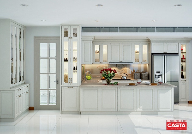 Kitchen Cabinetry: Glass Front Cabinets with Lighting