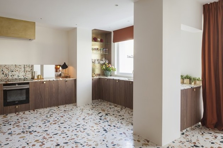 Kitchen Cabinetry: Large Scale Terrazzo Floor & Walnut