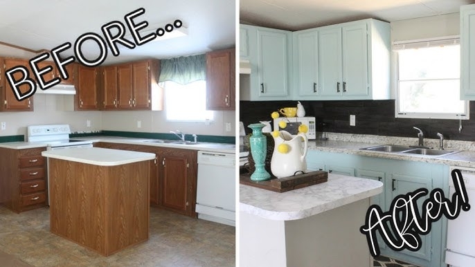 Kitchen Cabinetry: Mint Blue Finish with Marbled Tops