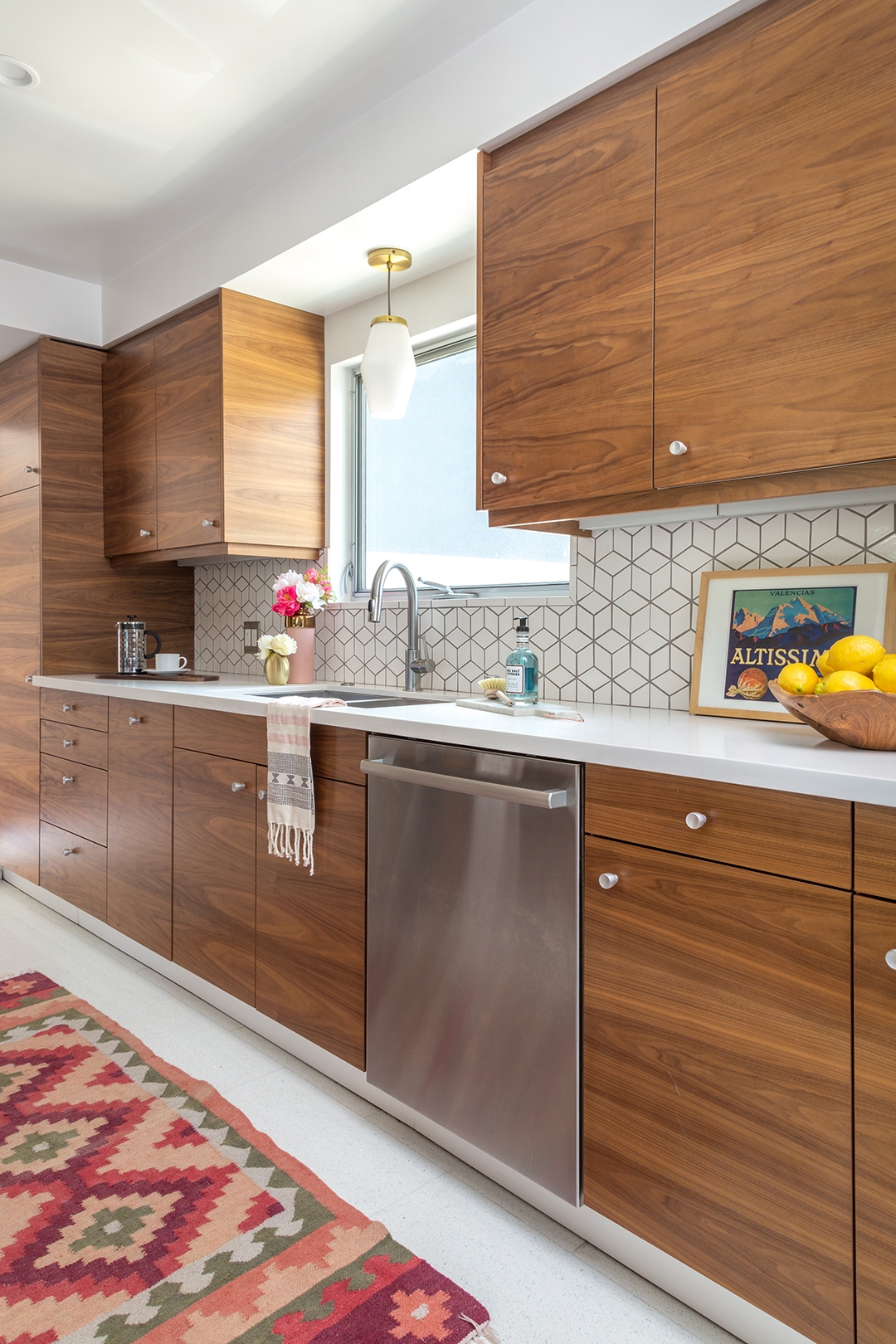 Kitchen Cabinetry: Walnut Slab Doors and Cube Tile Idea