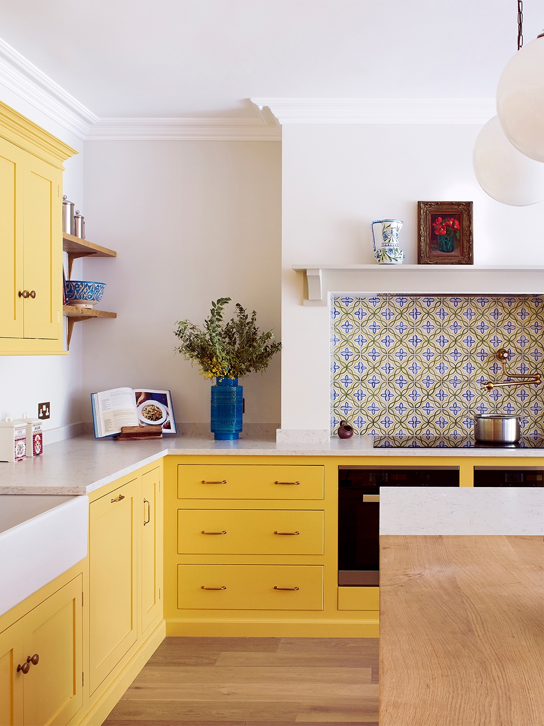 Kitchen Cabinetry with Brass Hardware: Yellow shaker kitchen cabinets