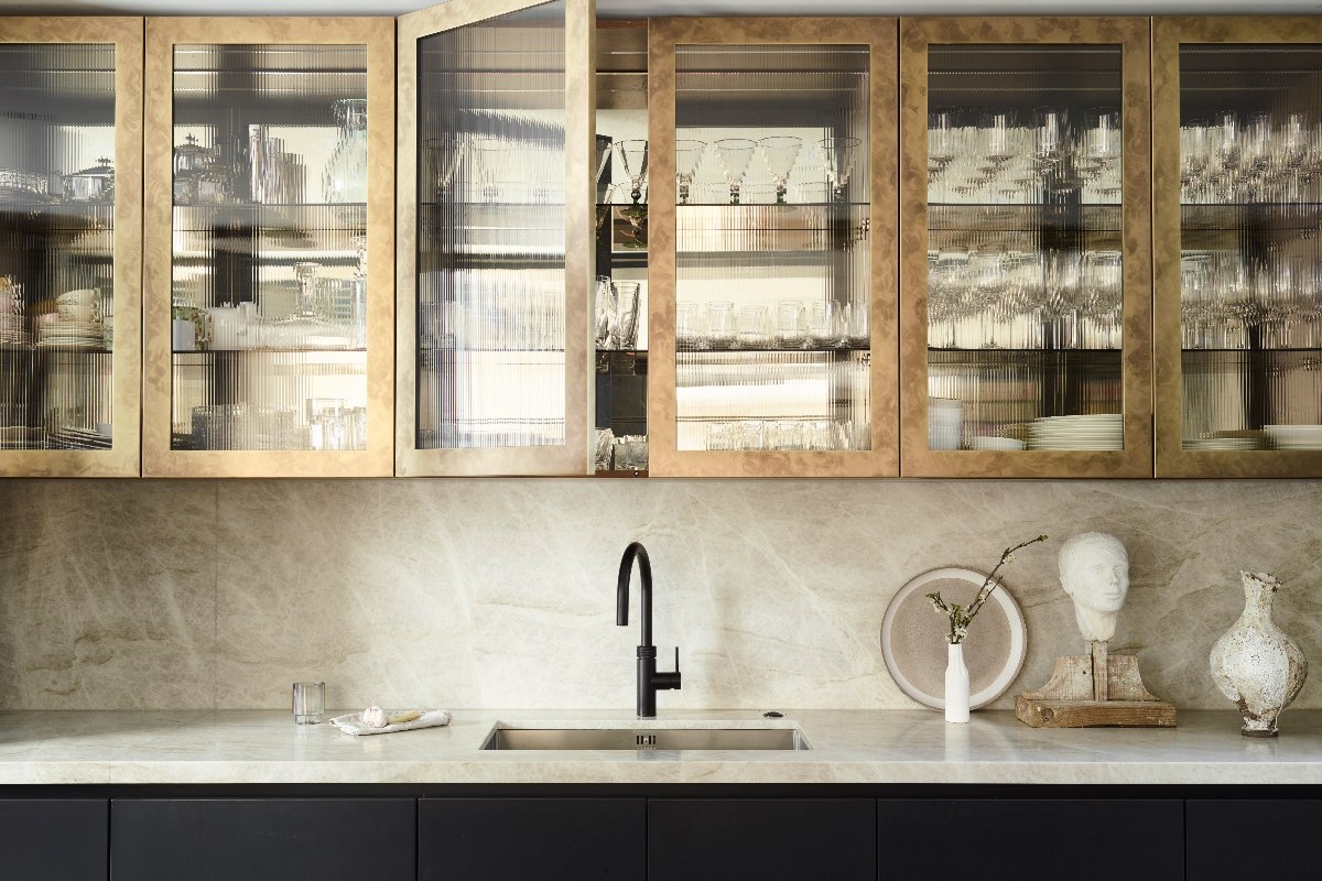 Kitchen Cabinetry with Burl Wood Frames Luxury Storage