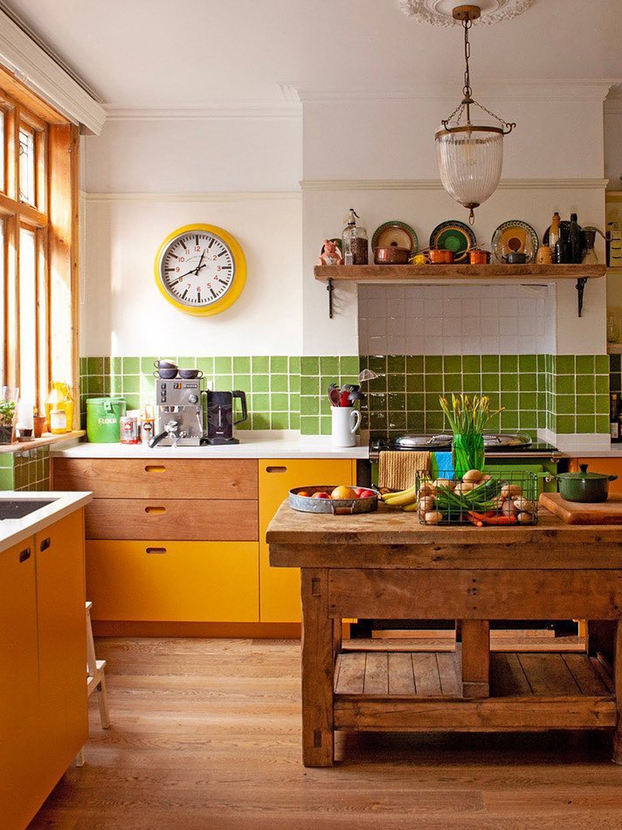 Kitchen Cabinetry with Green Tiles: yellow and green kitchen