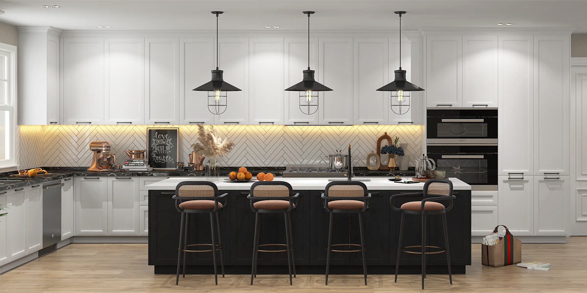 Kitchen Cabinetry with Shaker Style and Herringbone Tile Backsplash