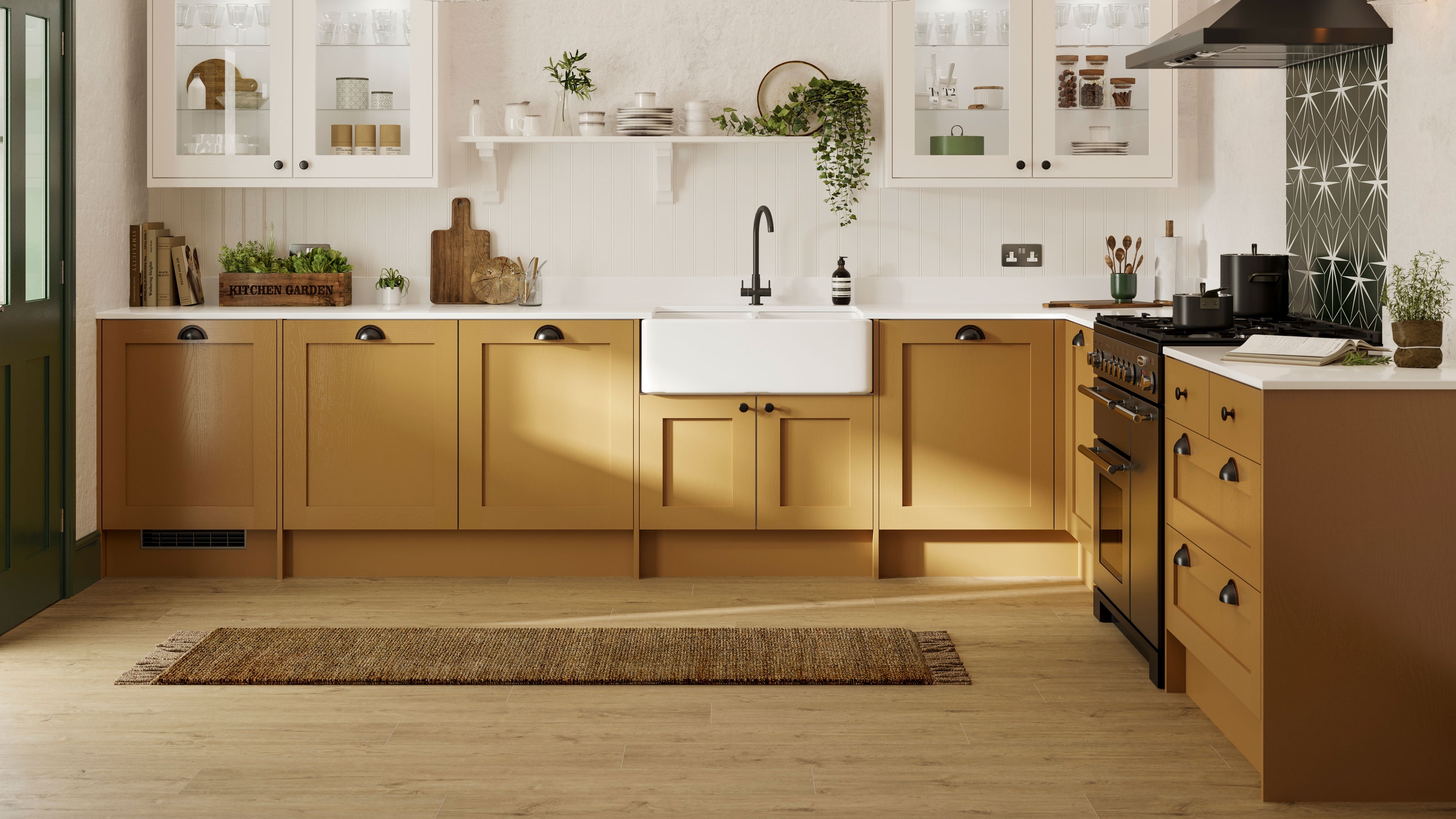 Kitchen Cabinetry with Starburst Tile: transitional color palette
