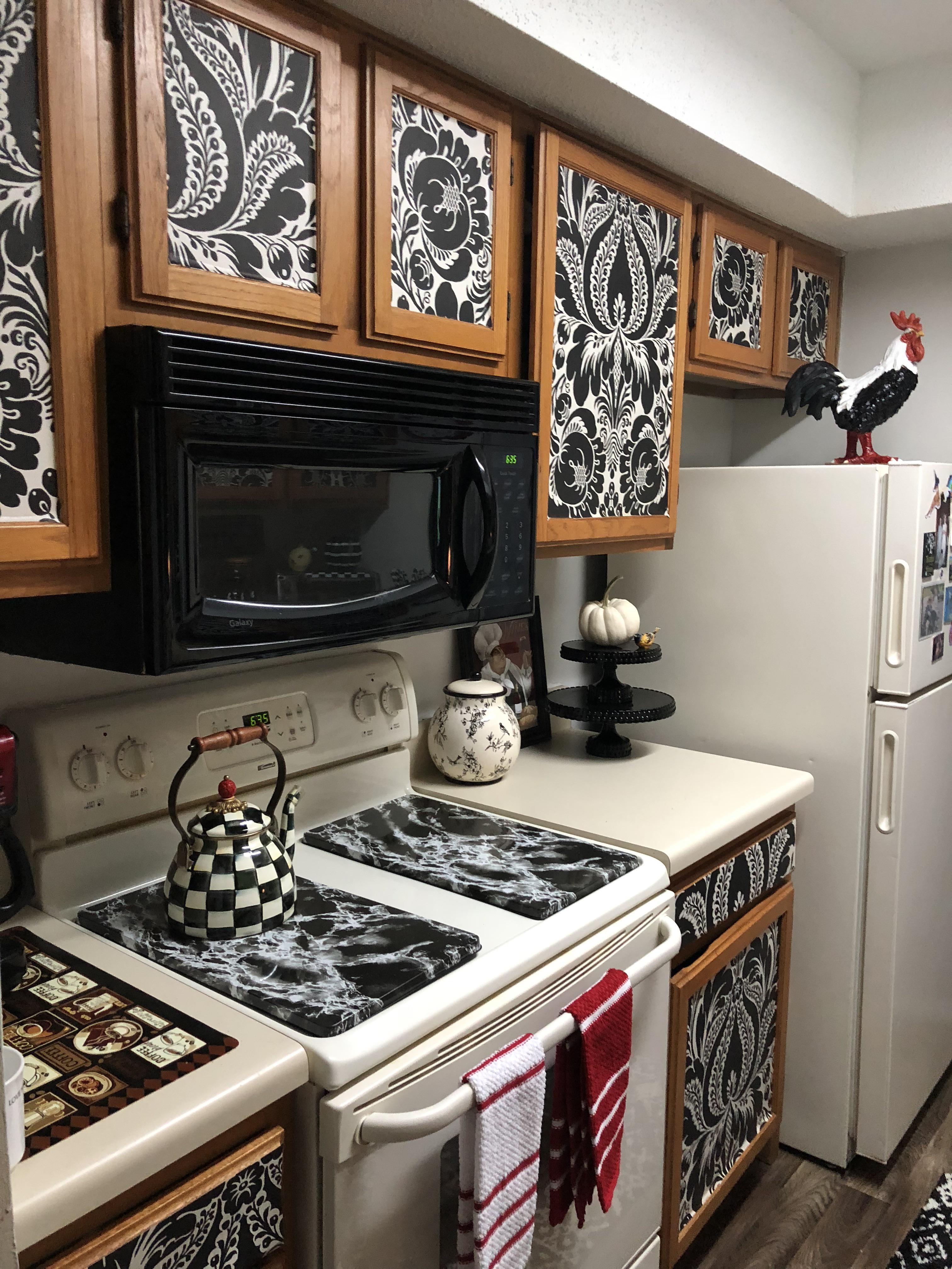 Kitchen Cabinetry Wood Damask Wallpaper Inserts DIY