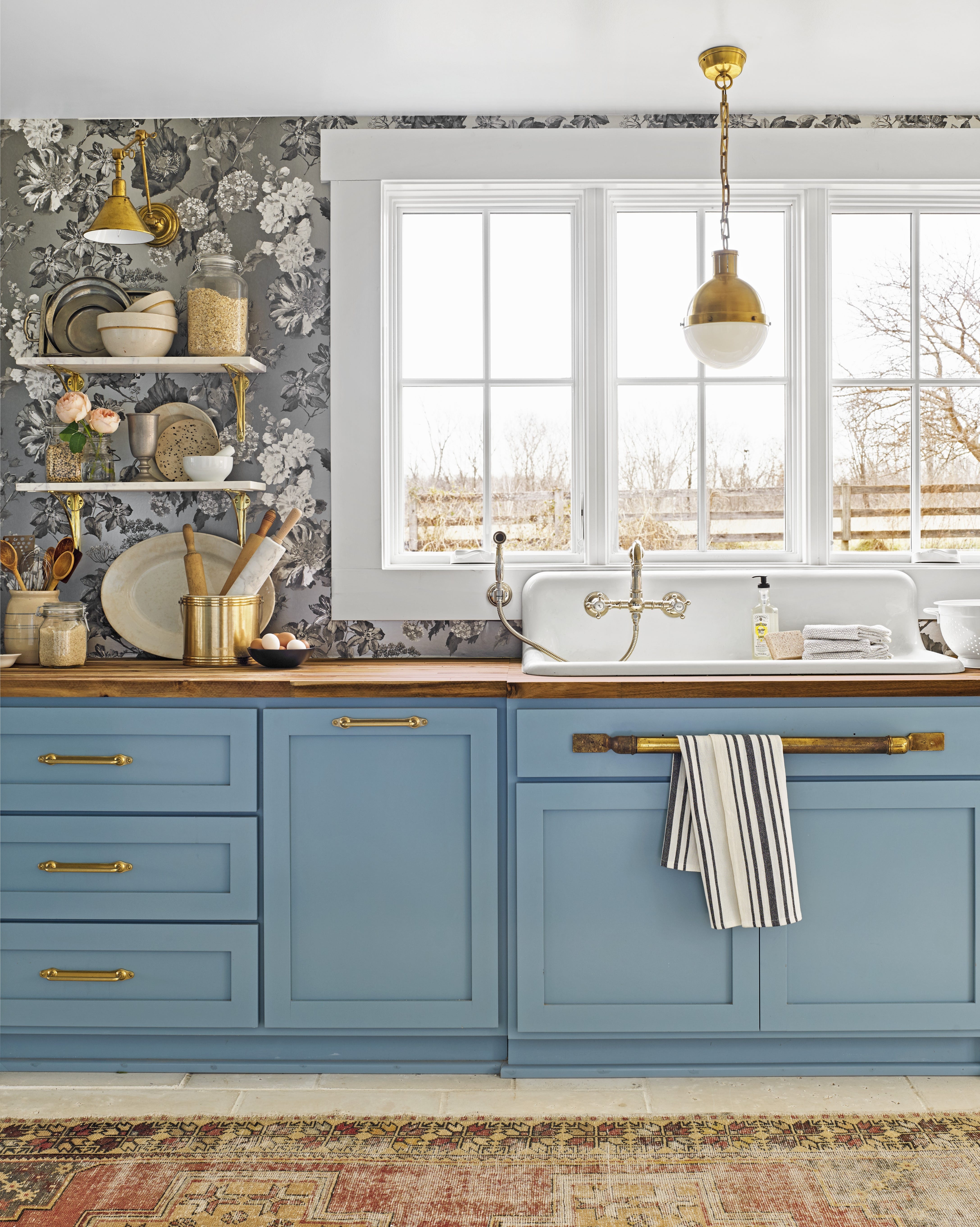 Kitchen Cabinets Dusty Blue Floral Wallpaper Brass