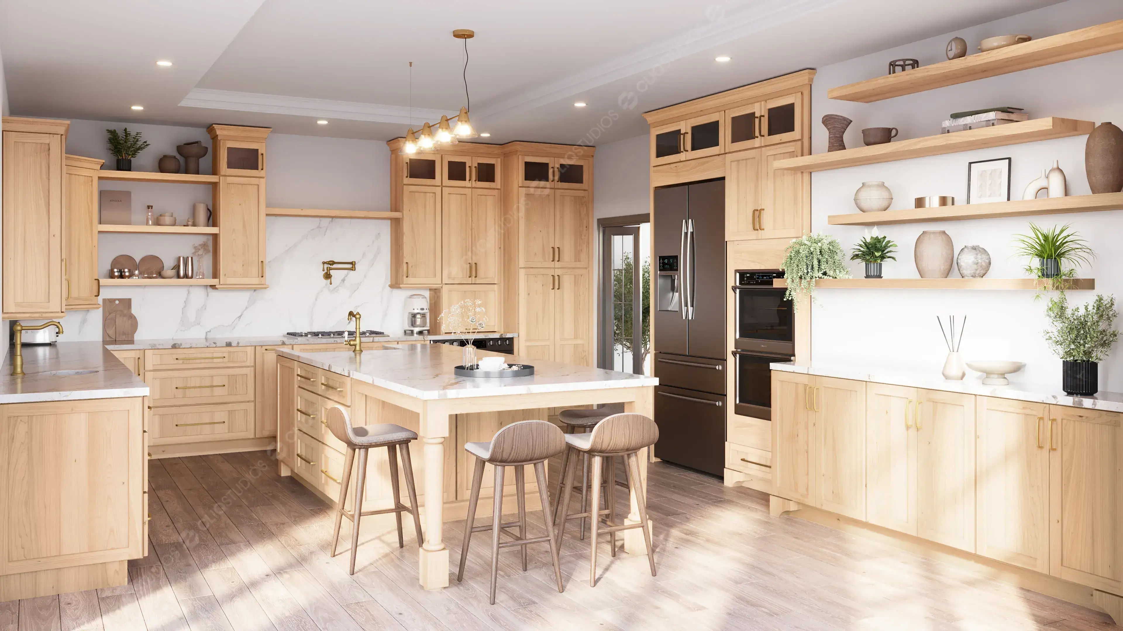 Kitchen Cabinets: Light Maple Finish Colored Cabinetry Idea