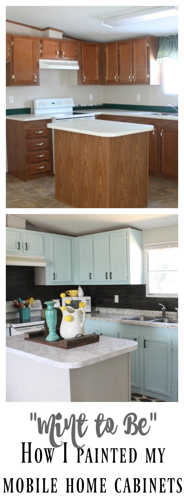 Kitchen Cabinets: Mint Green Paint with Black Hardware