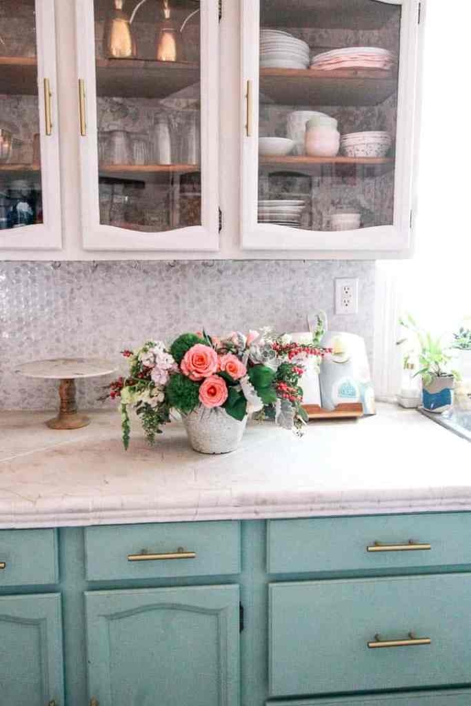 Kitchen Cabinets Two Tone Sage Curved Glass Inserts