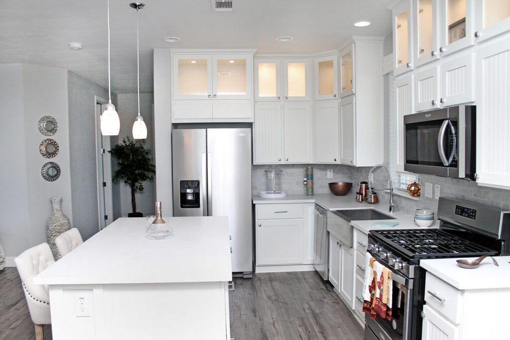 Kitchen Cabinets: White Shaker with Glass Front Uppers