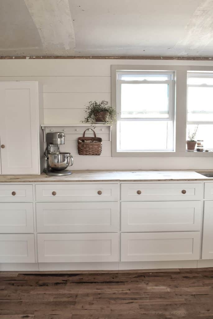 Kitchen Cabinets: White Shaker with Shiplap Walls