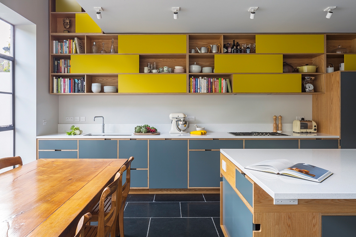Kitchen Cabinets with Sliding Panels: modern color blocked cabinets