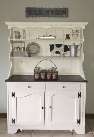 Kitchen Hutch: Scalloped Trim Distressed White Kitchen Hutch