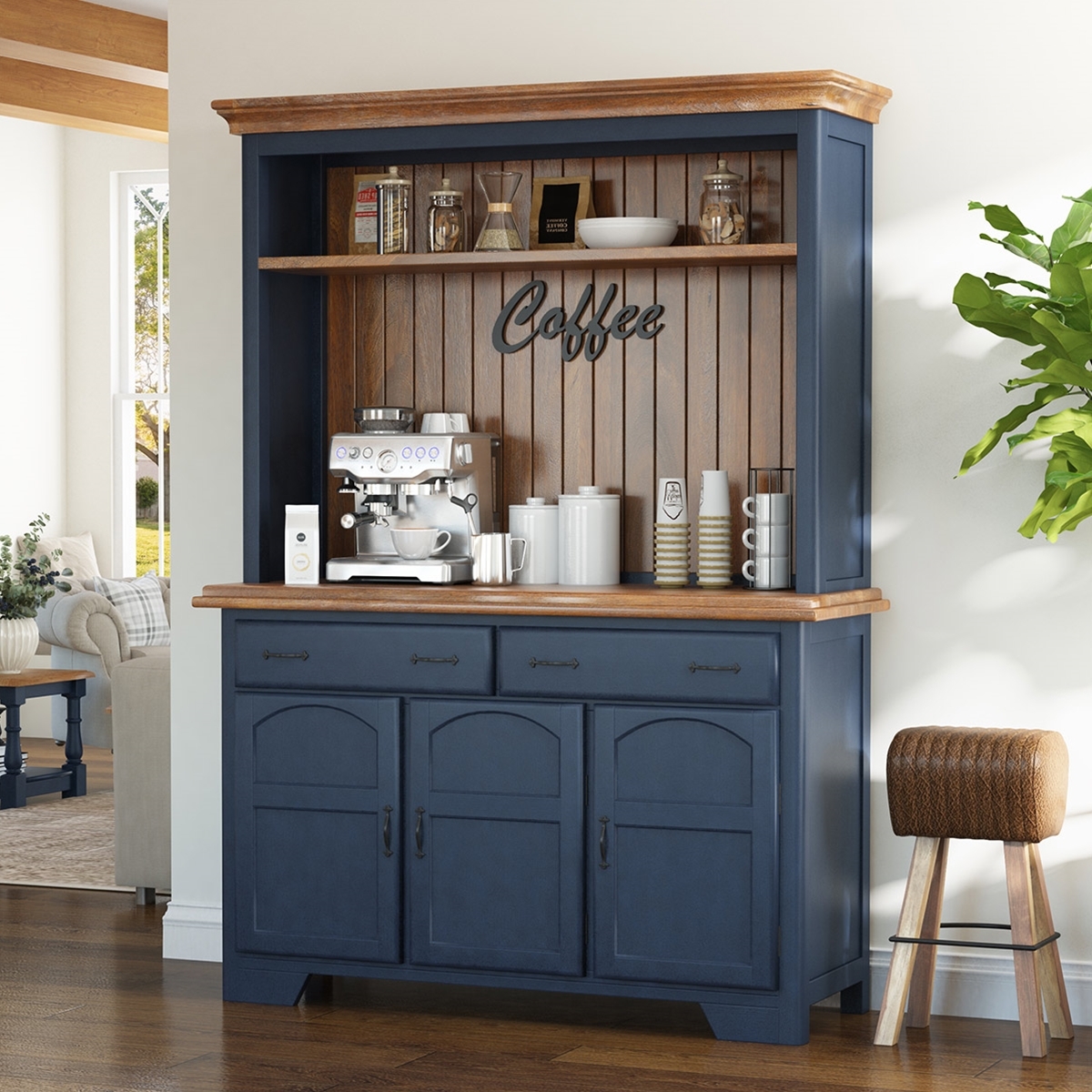 Kitchen Hutch: Two Tone Navy Blue Coffee Bar Cabinet