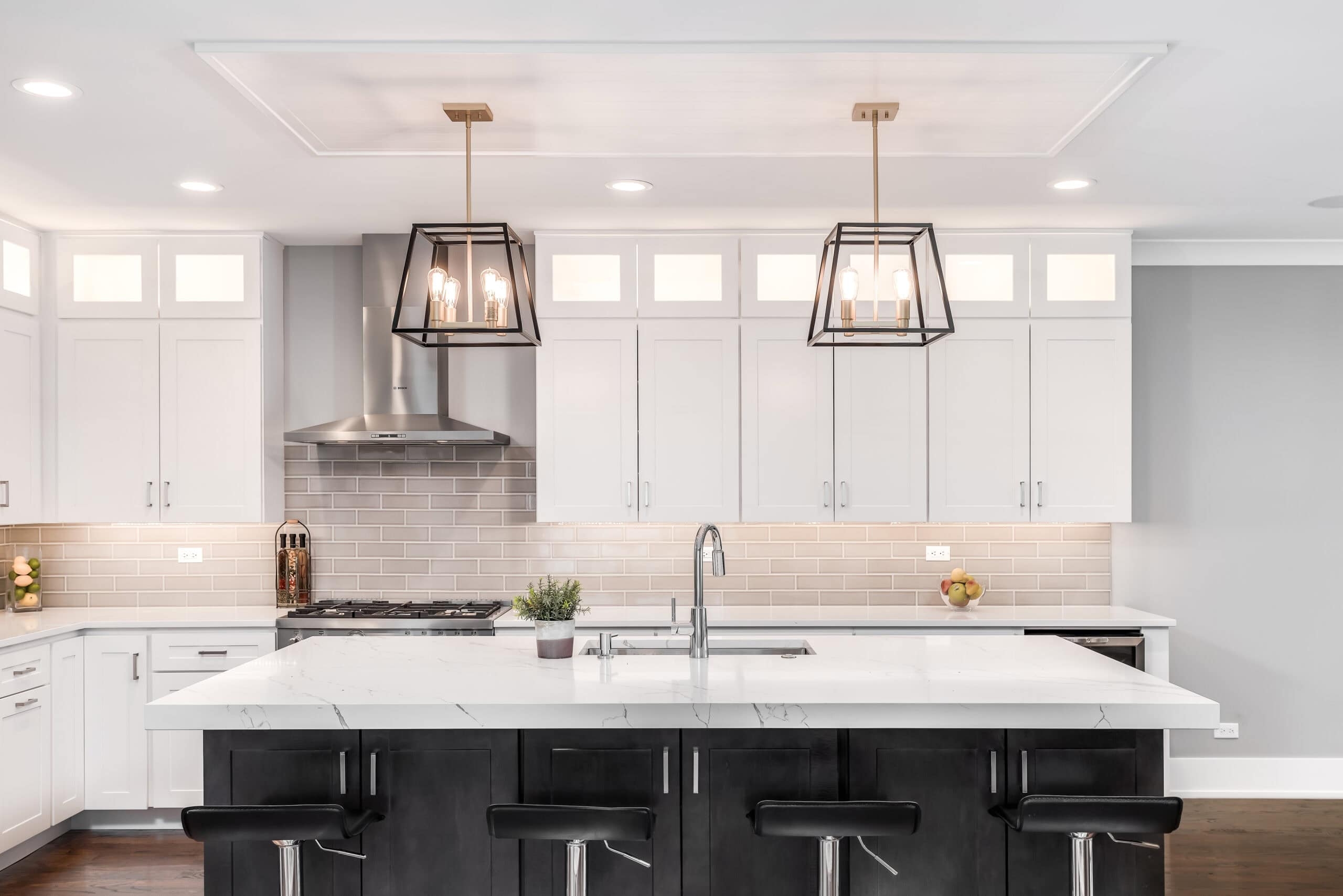 Kitchen Island and Geometric Lantern Pendants with Frosted Glass