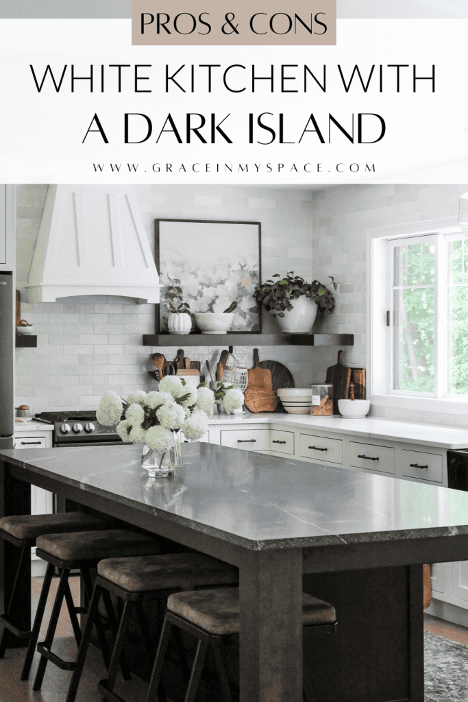 Kitchen Island Highlights Veined Stone Top and Floating Shelves