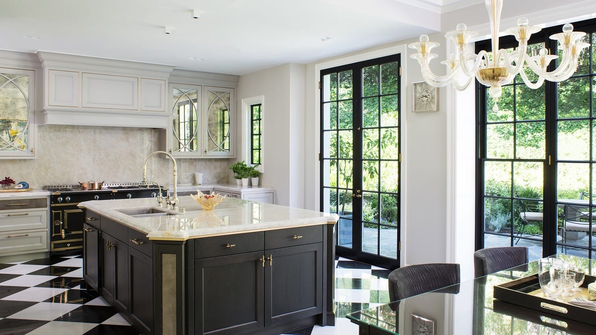 Kitchen Island Idea with Checkered Marble Floor and Glass Chandelier