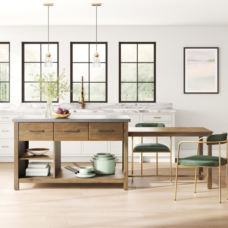 Kitchen Island Natural Pine With Pull Out Table & Brass