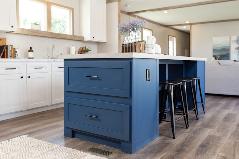 Kitchen Island: Navy Blue Base with Integrated Outlet