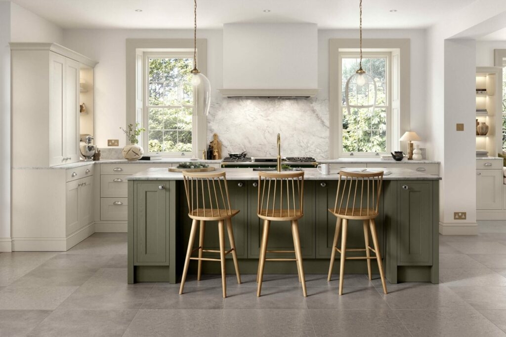 Kitchen Island Sage Green Finish With Spindle Back Stools