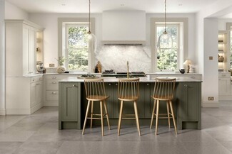 Kitchen Island Sage Green Finish With Spindle Back Stools