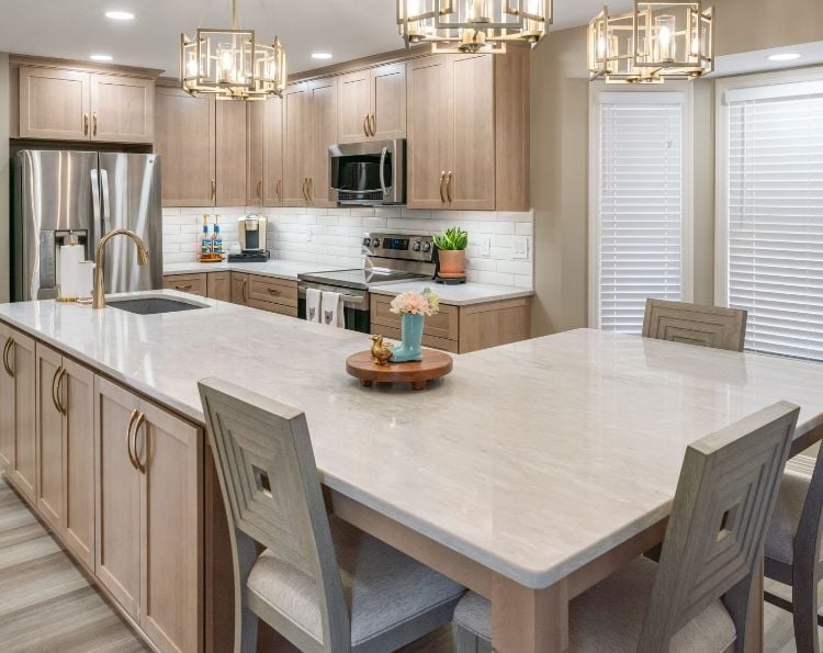 Kitchen Island: Square Cutout Stools Geometric Pendant Light