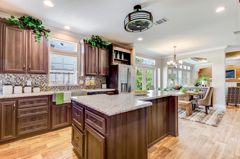 Kitchen Island: Walnut Brown Wood with Drum Style Fan