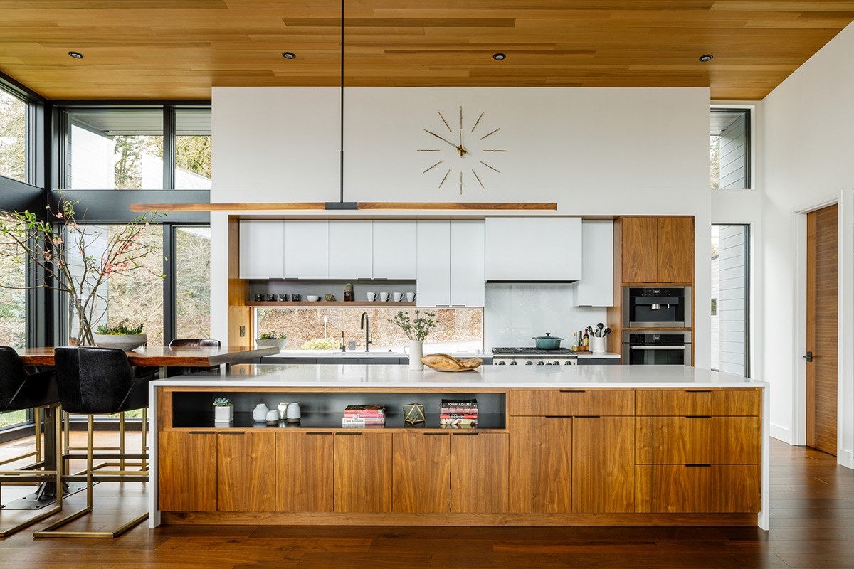 Kitchen Island: Waterfall Countertop with Wood Slat Ceiling