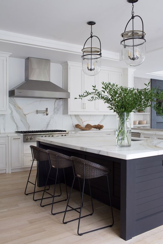 Kitchen Island with Black Shiplap Base and Woven Counter Stools