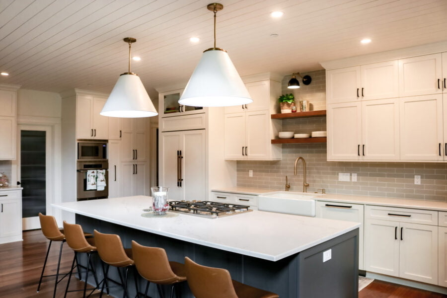 Kitchen Island with Camel Upholstery and Dark Island Base Design