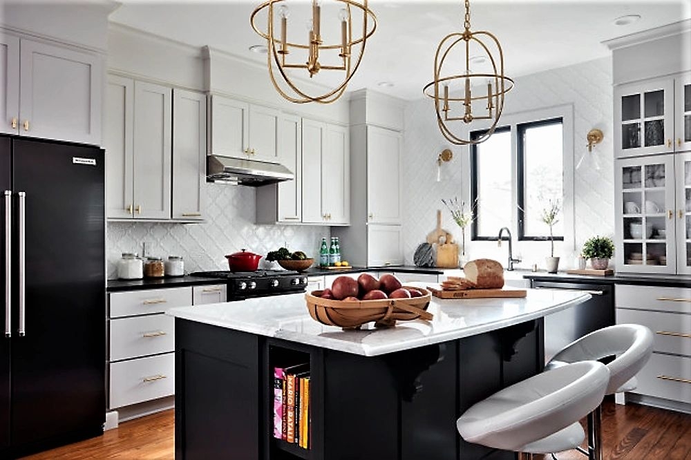 Kitchen Island with Orbital Lighting and Kitchen Island Bookshelf