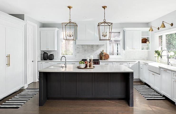 Kitchen Island with Oversized Lantern Pendants and Striped Rug Accents