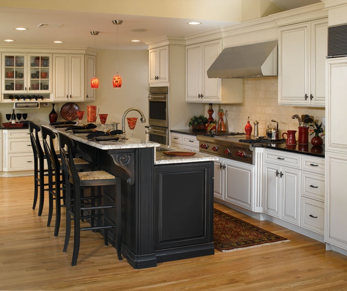 Kitchen Island with Tiered Countertop and Red Lighting Accents