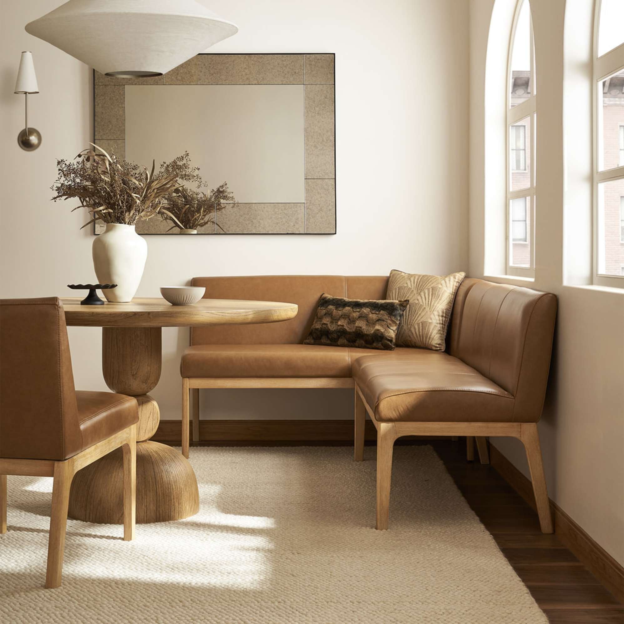 L-Shape Banquette: Cognac Leather-like Sculptural Pedestal