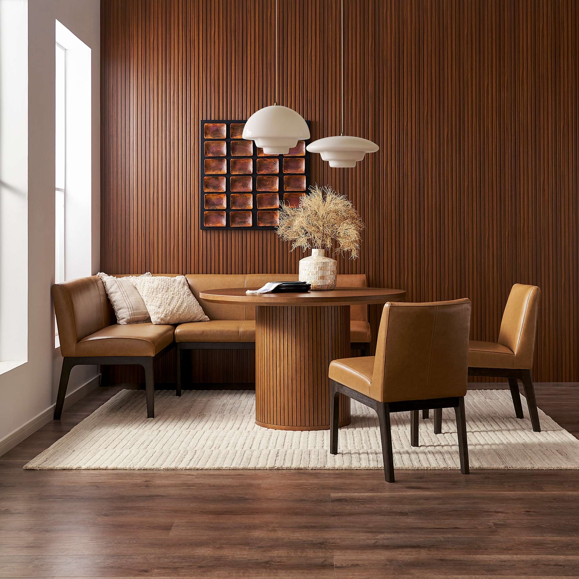 L-Shape Banquette Set with Fluted Pedestal and Caramel Tan Upholstery
