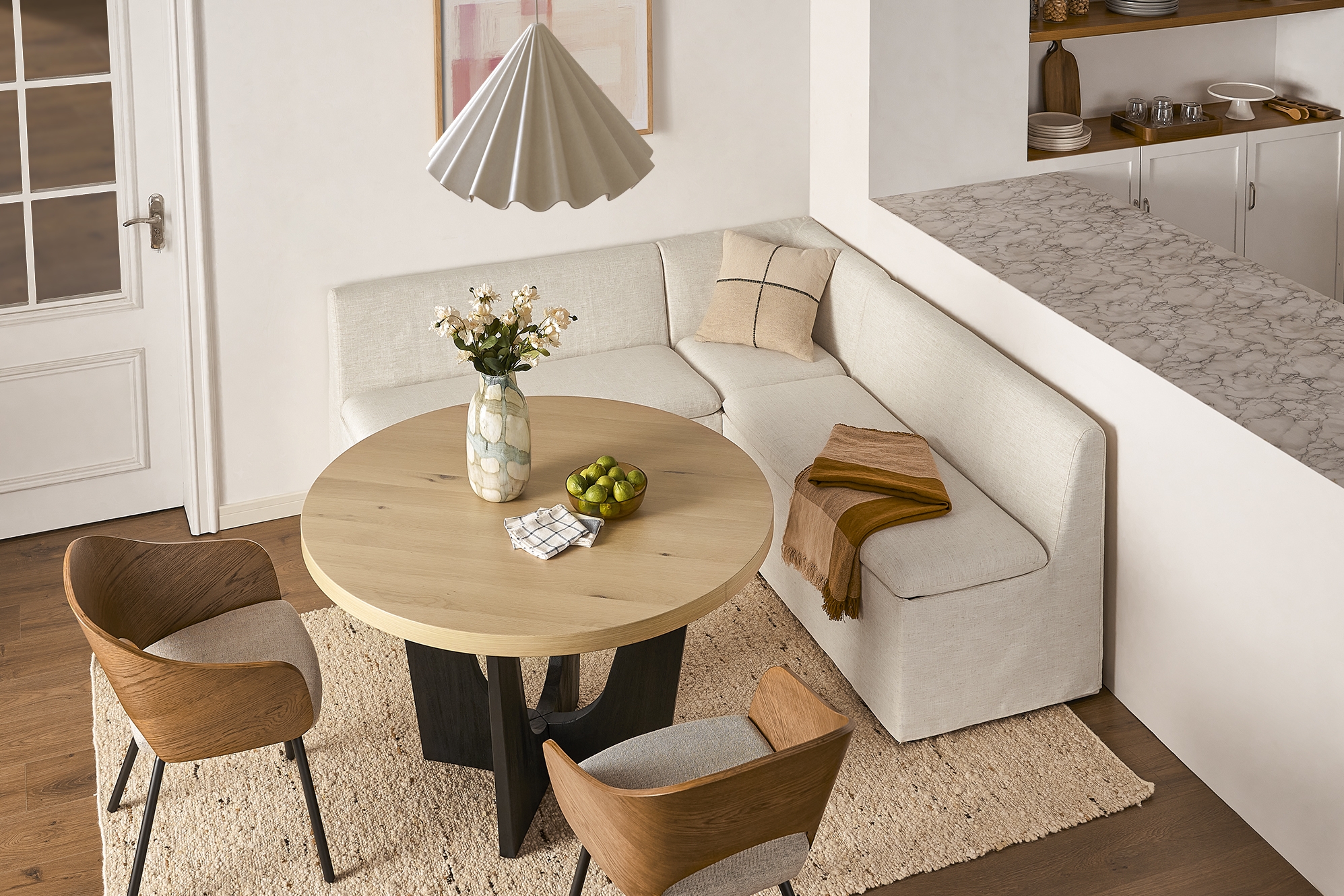 L-Shaped Banquette: Cream Linen Sculptural Black Base