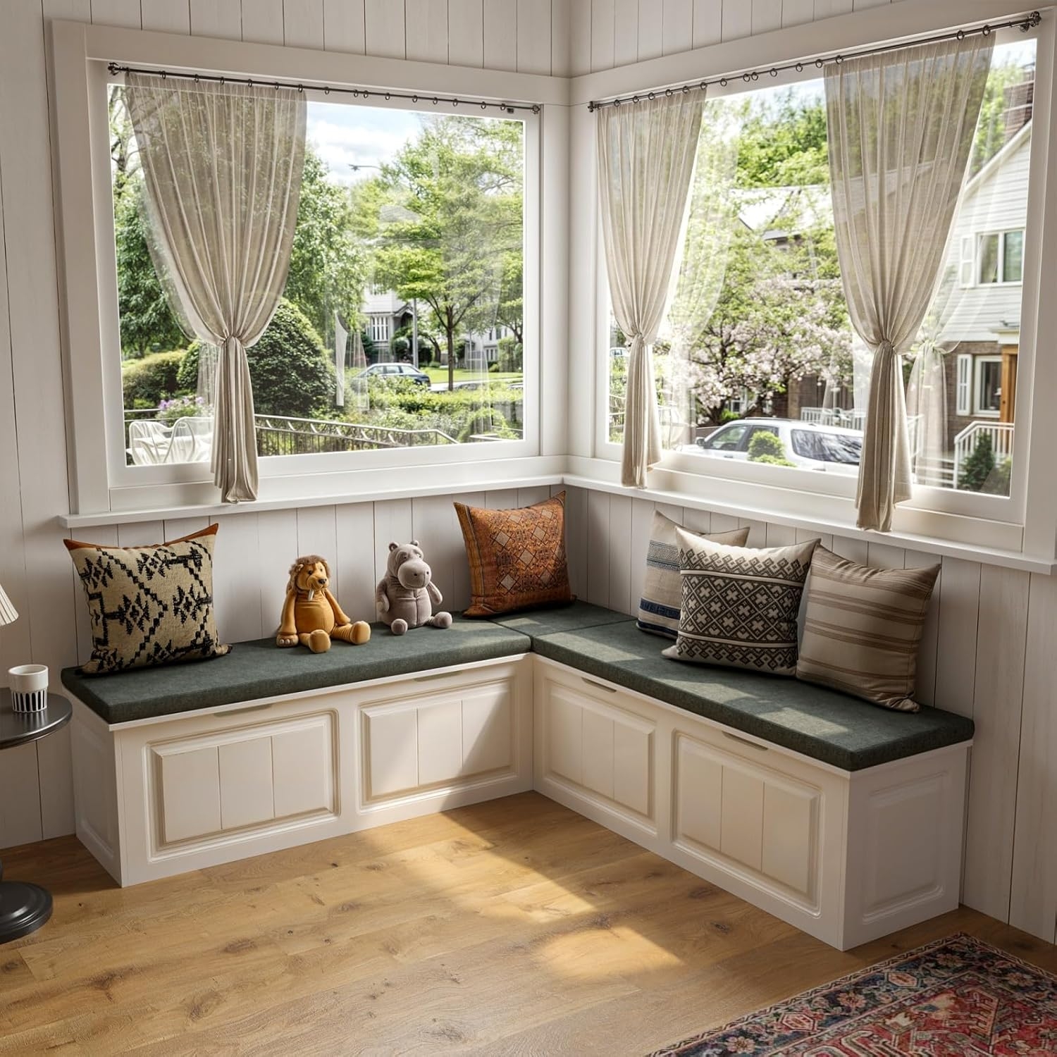 L-Shaped Banquette: Forest Green Under-Seat Storage Bench
