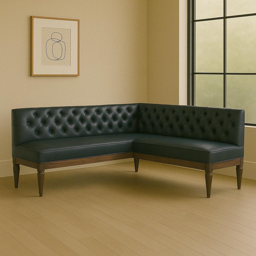 L-Shaped Banquette with Midnight Blue Diamond Tufted Back and Walnut Base
