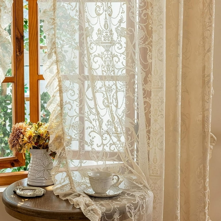 Lace Curtains with Floral Bird Pattern and Ruffle Edges