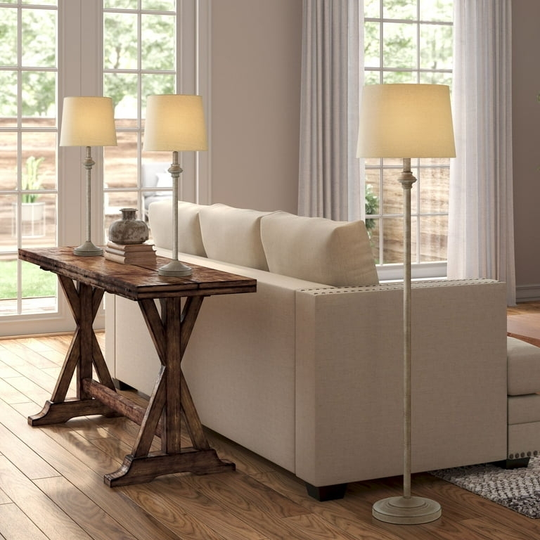 Lamp Set: 3 Piece Distressed Metal and Fabric Shades